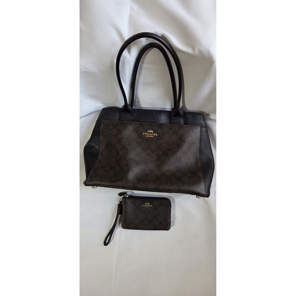 COACH Casey Signature Canvas Black/Dark Brown Tote Purse And Zip Around Wallet